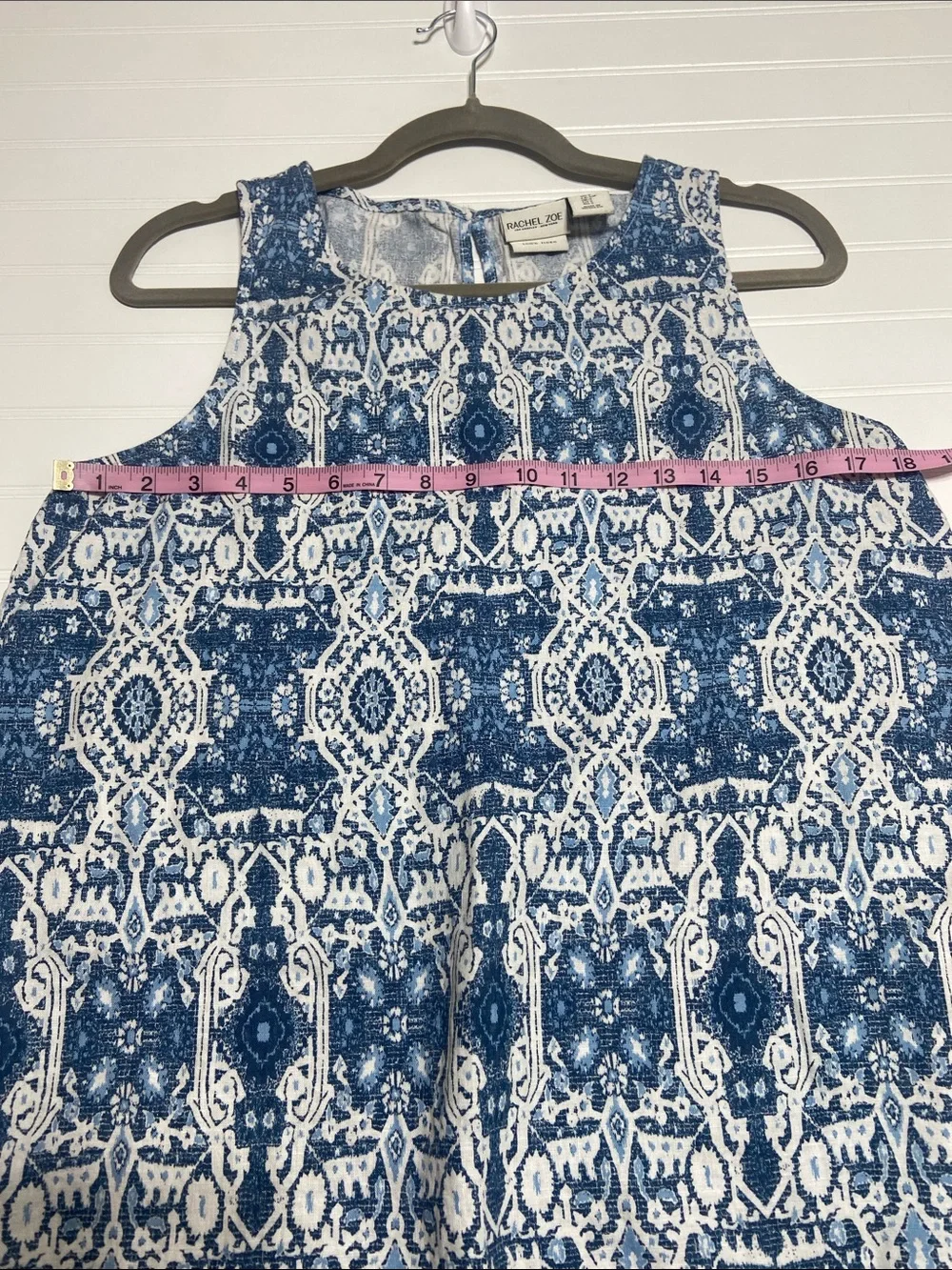 Rachel Zoe 100% Linen Trapeze Dress size M Blue White Geometric Print‎ Pockets